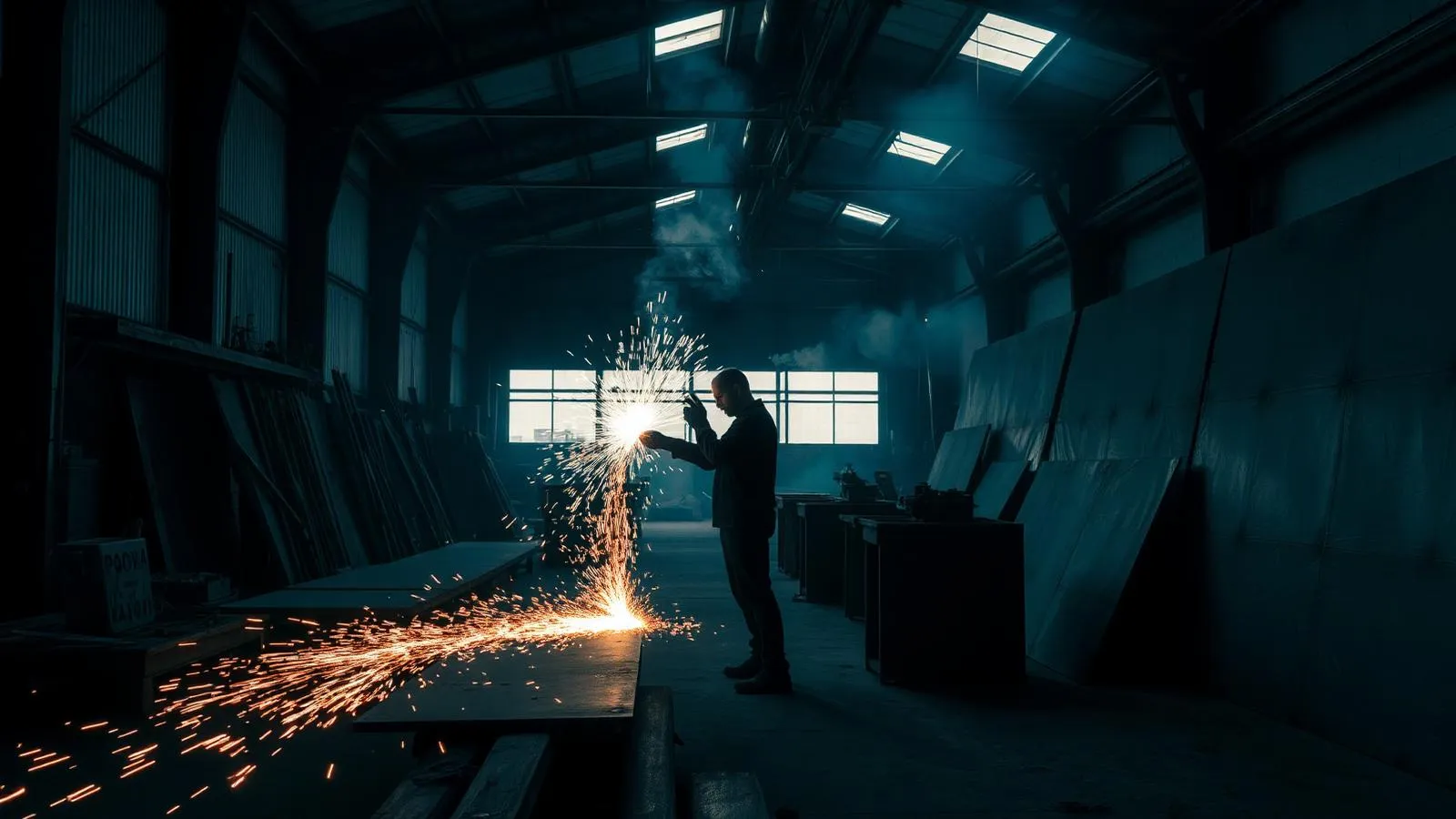 Aluminum fabrication workshop with welding sparks